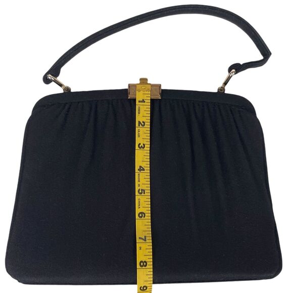 1950s Vintage Suede Handbag Gathered Fabric Clasp Gold Hardware Black VTG - Picture 11 of 14